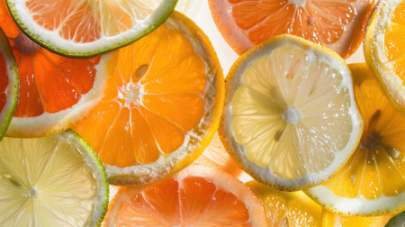 A stunning arrangement of vibrant citrus fruit slices highlighting the brightness and freshness of lemons, limes, oranges, and grapefruits, ideal for culinary and decorative uses.の素材