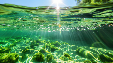 This captivating underwater image captures sunlight creating beautiful reflections over clear green water, revealing rocks and algae below.の素材