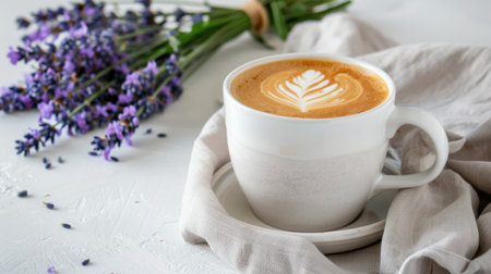 A cozy coffee cup featuring beautiful latte art sits elegantly on a light surface, accompanied by fresh lavender flowers, evoking warmth and tranquility.の素材