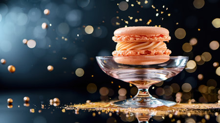 A stunning pink macaron sits elegantly on a glass stand, surrounded by shimmering particles, creating a magical and delightful dessert scene.の素材