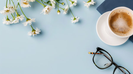 A serene morning scene featuring a cup of coffee, stylish glasses, and fresh white flowers against a soft blue background. Perfect for inspiration.の素材