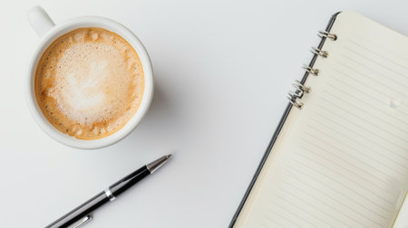 A serene workspace featuring a white mug of freshly brewed coffee beside an open notebook and a sleek pen, perfect for capturing ideas.の素材