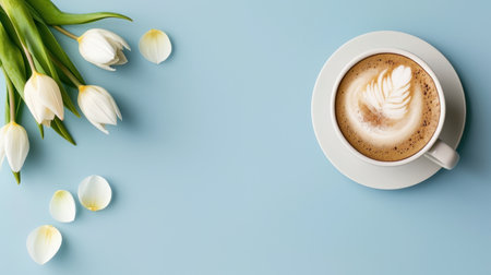 A beautifully crafted cup of coffee with intricate latte art sits on a soft blue background, accompanied by fresh white tulips and petals.の素材