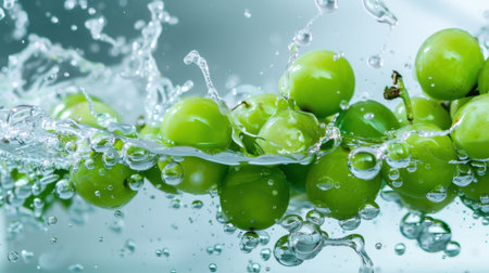 This dynamic image captures fresh green grapes splashing in clean water, showcasing refreshing bubbles and ripples. Ideal for promoting health and nutrition.の素材