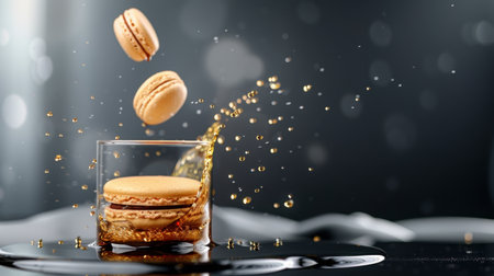A stunning dessert composition showcasing airy macarons gracefully floating above a glass, accompanied by a dynamic splash of liquid. The dark background enhances the elegance and richness of the scene, ideal for culinary and gourmet themes.の素材