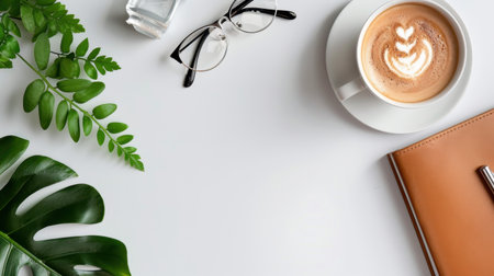 A cozy workspace setup featuring a cup of coffee with latte art, stylish glasses, an elegant notebook, and fresh greenery, creating a serene ambiance.の素材