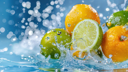 This captivating image features fresh citrus fruits, including lemons, limes, and oranges, dramatically splashing in crystal clear water. The vibrant colors and dynamic movement evoke a sense of freshness and summer. Perfect for use in culinary or health-related content.の素材