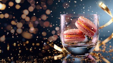 Delight in the beauty of pink macarons artfully arranged in a stylish glass, surrounded by a dazzling sparkle, perfect for celebrations.の素材