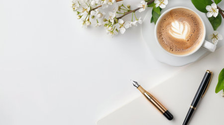 A cozy flat lay featuring a beautifully crafted latte with heart art, surrounded by delicate flowers, a stylish pen, and a blank notebook. Perfect for capturing creativity and inspiration in a serene workspace.の素材