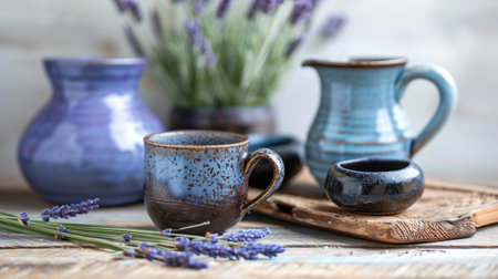 A charming rustic tea set features a blue ceramic cup and jug, adorned with delicate lavender flowers, evoking calm and tranquility in home decor.の素材