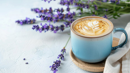 A charming blue cup of coffee showcases intricate foam art beside fragrant lavender flowers, creating a serene and inviting atmosphere perfect for relaxation.の素材