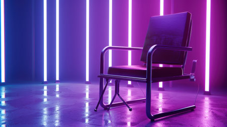 A striking modern chair featuring a sleek metal frame bathed in vibrant neon light hues. Perfect for interior design inspiration and contemporary spaces.の素材