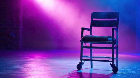 A single empty rolling chair sits in a vibrant urban environment, surrounded by colorful lights and a gentle fog, creating a striking visual contrast.の素材