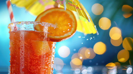 This vibrant photo captures a refreshing tropical cocktail garnished with an orange slice and a colorful umbrella, perfect for summer parties.の素材