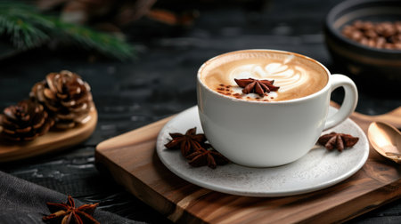 Indulge in a visually delightful scene featuring a creamy coffee topped with star anise, surrounded by rustic elements ideal for cozy settings.の素材