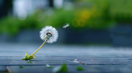 A close-up view of a delicate dandelion with a floating seed, set against a soft blurred green background, showcasing the beauty of nature and tranquility.の素材