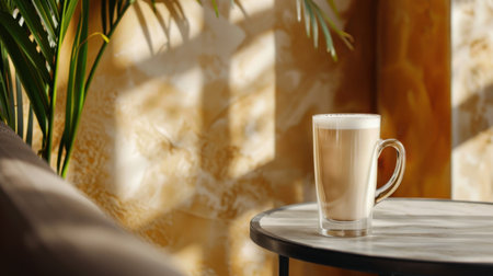 A glass of creamy coffee sits elegantly on a table in a cozy setting, beautifully lit by sunlight. The surrounding plant adds a touch of nature and tranquility.の素材