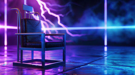 A vintage electric chair stands alone in a dimly lit room, surrounded by vibrant neon lights and subtle thunder effects, creating an eerie and captivating atmosphere.の素材