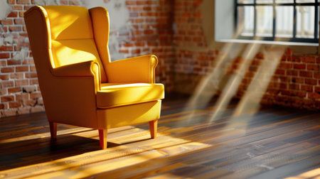 A bright yellow armchair sits gracefully in a sunlit room, featuring a rustic brick wall and polished wooden floor, creating a cozy and inviting atmosphere.の素材