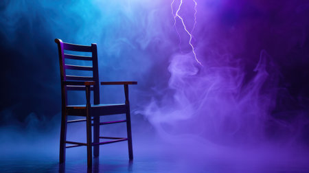 This captivating image showcases an isolated wooden chair set against a backdrop of colorful fog and a striking lightning effect, evoking a mystical and eerie ambience.の素材