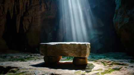 A captivating stone table sits within a dim cave, illuminated by radiant sunlight beams. The tranquil setting invites exploration and evokes a sense of ancient mystery.の素材