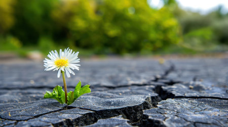 A solitary flower bravely emerges from cracked soil, capturing the beauty of resilience and nature's wonders in a serene outdoor setting.の素材