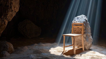 A serene wooden chair sits in a dark cave, illuminated by beams of soft light, creating a tranquil atmosphere with natural stone and sandy ground.の素材