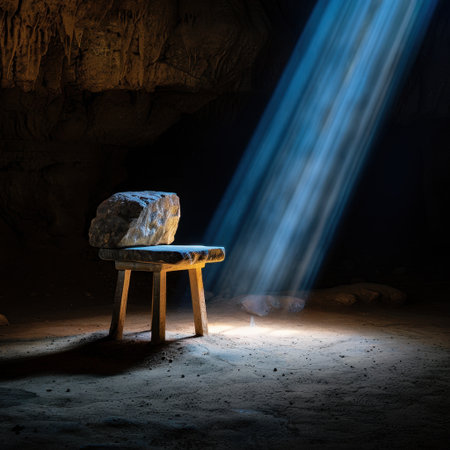 A captivating scene of a rugged stone altar illuminated by dramatic light beams inside a serene cave. Perfect for themes of exploration and spirituality.の素材