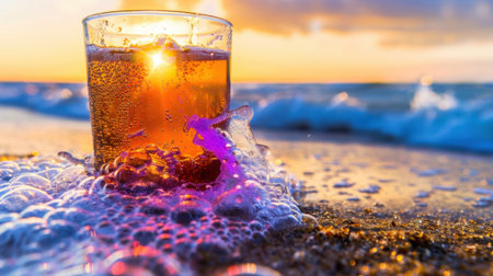 A vibrant glass of refreshing beverage resting on a sandy beach, surrounded by gentle waves at sunset, captures a moment of tranquil beauty.の素材
