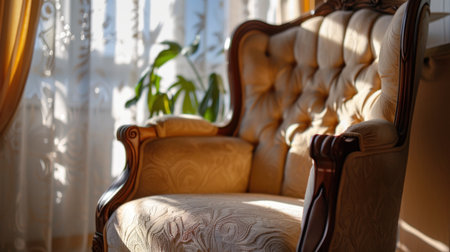 A beautifully designed armchair sits elegantly in a sunlit room, surrounded by soft drapes and vibrant green plants, creating a warm and inviting atmosphere.の素材