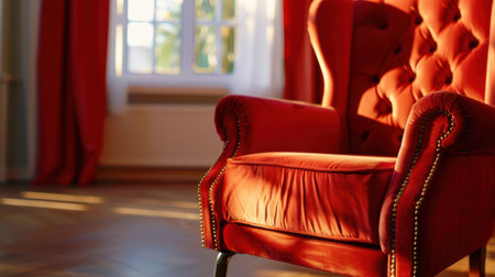 A stunning red velvet armchair bathed in warm sunlight, set in a stylish room with elegant curtains and wooden floors, perfect for cozy relaxation.の素材