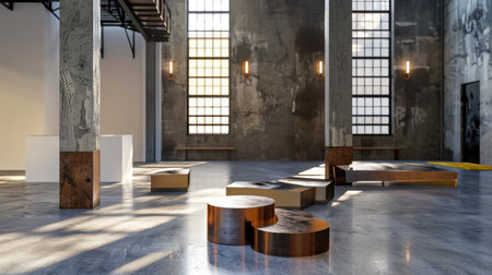 This image showcases a modern art gallery space featuring unique seating arrangements, concrete walls, and ample natural light creating a tranquil atmosphere.の素材