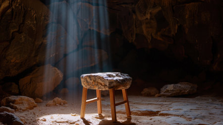 A tranquil cave scene featuring a rustic stone stool illuminated by brilliant sunlight beams, creating a serene atmosphere perfect for exploration and reflection.の素材