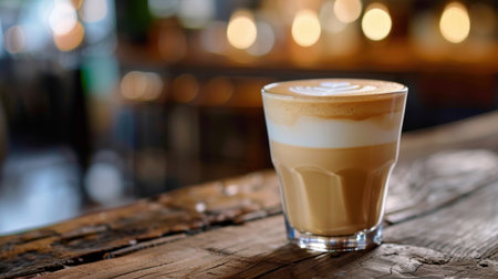 A close-up of freshly brewed espresso topped with creamy froth in a transparent glass cup, set on a rustic wooden table in a cafe environment.の素材