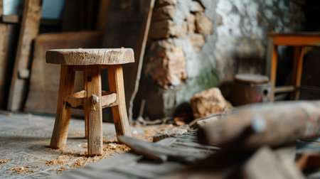 A rustic wooden stool stands alone in an aged workshop, surrounded by natural materials and tools. This cozy setting embodies craftsmanship and simplicity, ideal for home decor or design projects.の素材