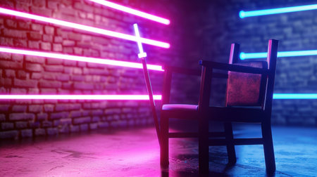 A vintage wooden chair stands alone under striking neon lights in a styled urban space, showcasing an intriguing contrast with rough brick walls.の素材