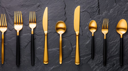 This image features a striking arrangement of gold and black cutlery on a dark slate background, perfect for modern dining aesthetics and stylish event decor.の素材