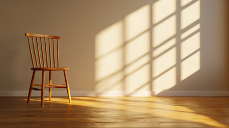 A simple wooden chair sits alone in a sunlit room. The warm light filters through the window, casting soft shadows on the wooden floor, creating a tranquil and inviting atmosphere, perfect for relaxation and contemplation.の素材
