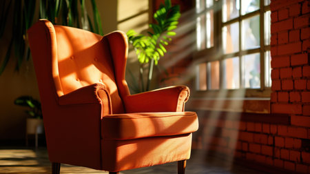 A cozy orange armchair sits in a sunlit room, showcasing the beauty of natural light filtering through large windows, surrounded by rich greenery.の素材