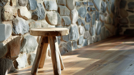 A beautifully crafted wooden stool sits against a textured stone wall, bringing warmth and charm to the cozy interior, enhanced by natural light.の素材