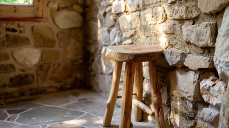 A charming rustic wooden stool stands against a rugged stone wall, capturing the essence of simplicity and warmth in a serene interior environment.の素材
