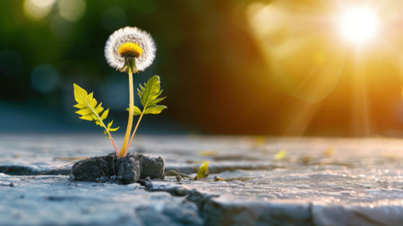 A beautiful dandelion flower emerges from a cracked concrete surface, showcasing nature's resilience in an urban setting, illuminated by warm sunlight.の素材