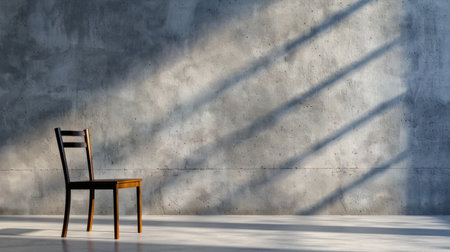 A beautifully composed minimalist scene featuring a wooden chair positioned against a textured concrete wall, illuminated by gentle sunlight casting dynamic shadows.の素材