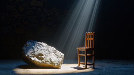 This evocative image features a wooden chair beside a stone, bathed in soft rays of light streaming down in a dark room, creating a serene and contemplative atmosphere.の素材