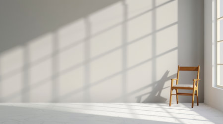 This minimalist interior image features a simple wooden chair placed in a bright and spacious room, illuminated by natural light casting soft shadows.の素材