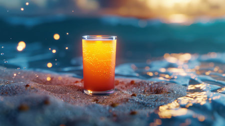A visually striking image featuring a glowing refreshing drink in a clear glass, resting on a sandy beach with ocean waves lapping gently. The sunset backdrop adds warmth and vibrancy, enhancing this tranquil seaside scene perfect for evoking feelings of relaxation and summer enjoyment.の素材