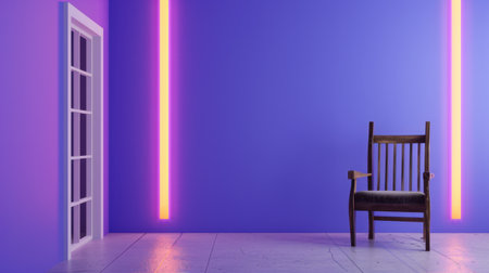 A captivating modern interior space showcasing a vintage chair against a bold purple wall, enhanced by glowing neon lights for a striking ambiance.の素材