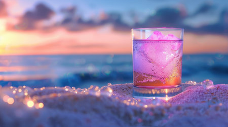 A mesmerizing scene featuring a refreshing drink in a glass sitting on sandy beach, illuminated by vibrant sunset colors and gentle waves.の素材