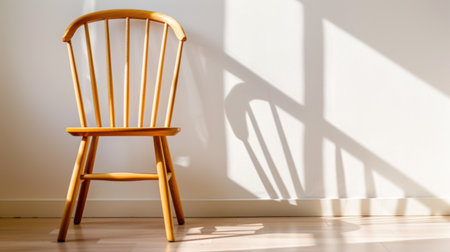 A beautifully crafted wooden chair stands against a plain wall, casting captivating shadows in soft natural light. The scene reflects minimalistic elegance.の素材