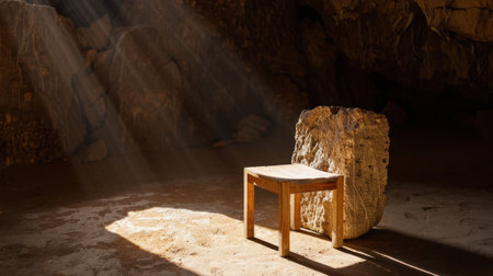 This image captures a serene wooden table beside a large rock, illuminated by soft rays of light inside a dark cave. The scene evokes tranquility and simplicity.の素材